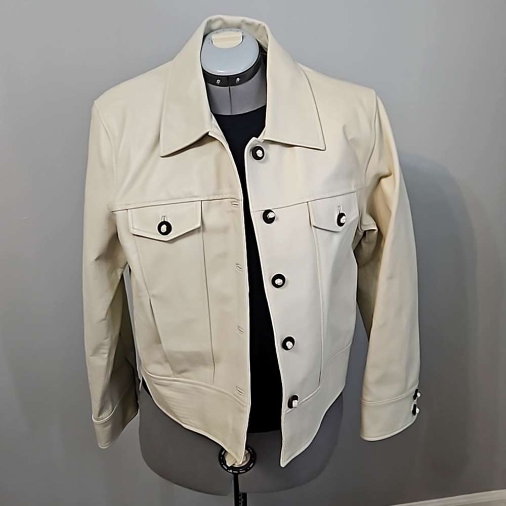 Cream colored leather jacket.  100% genuine leather with 100% polyester